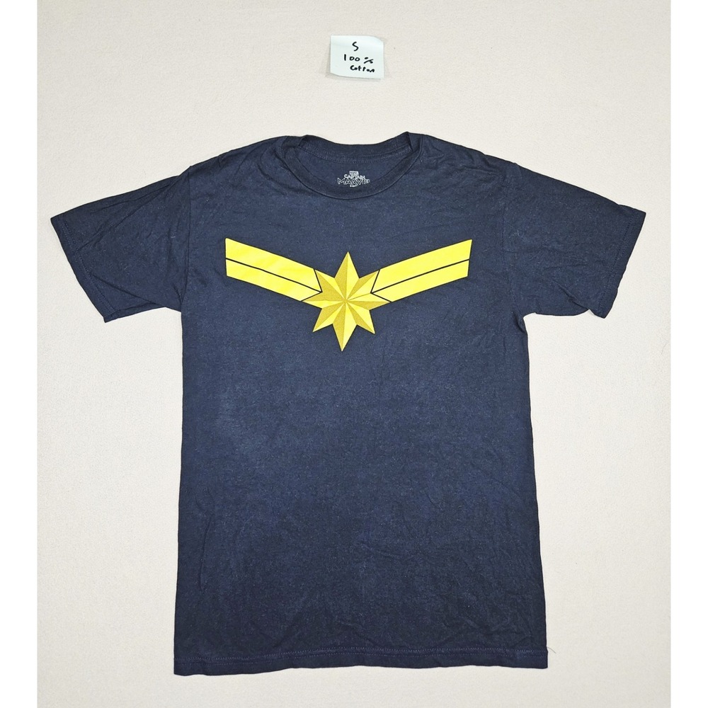 Marvel Captain Marvel T-Shirt Men's Small Black Gold Logo Graphic Crew Neck Tee